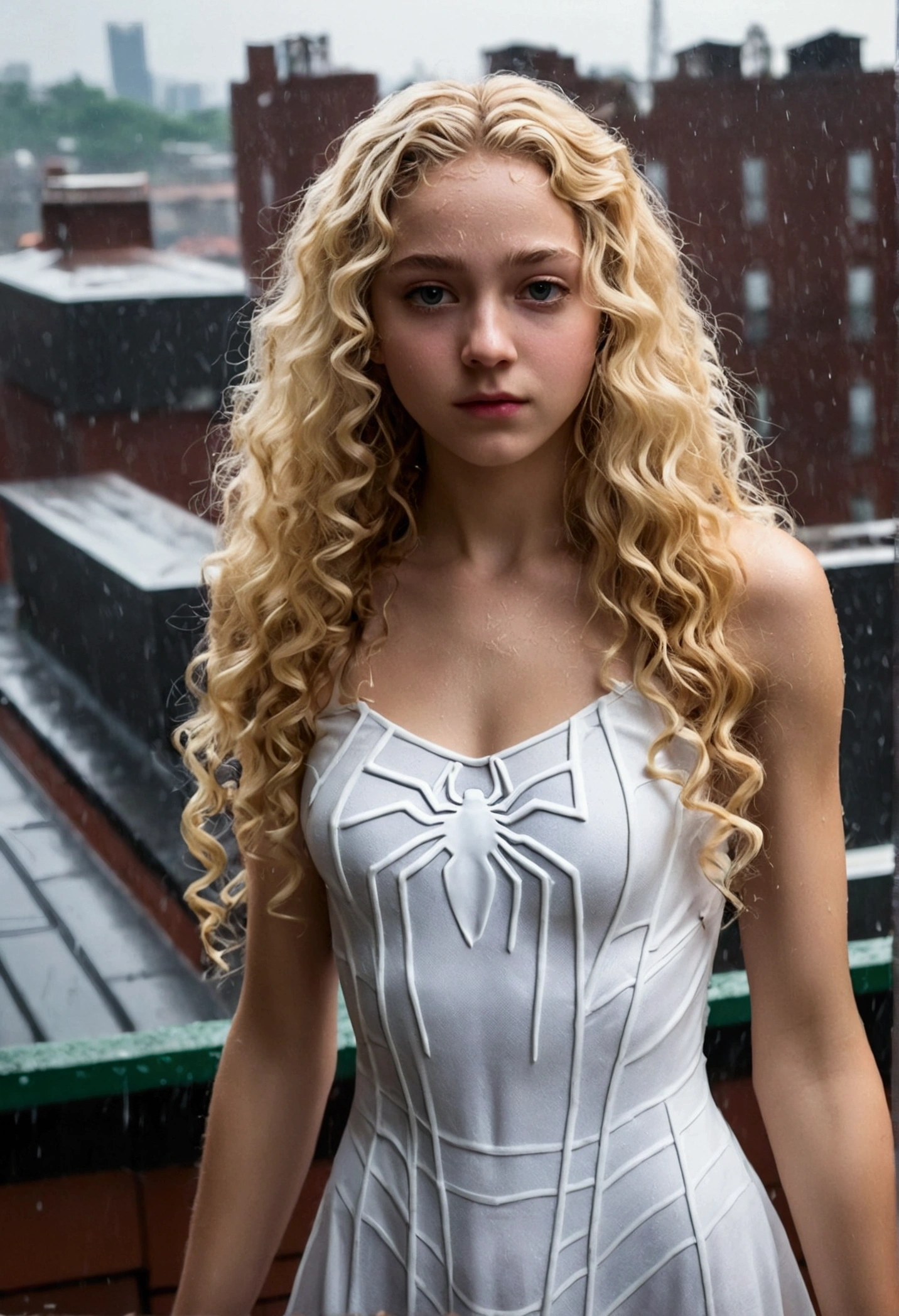 18-year-old girl, white spiderman dress, Have long curly hair, blonde, Beautiful Face, rain, roof, masterpiece, Intricate details, Perfect Anatomy, Face and body details.