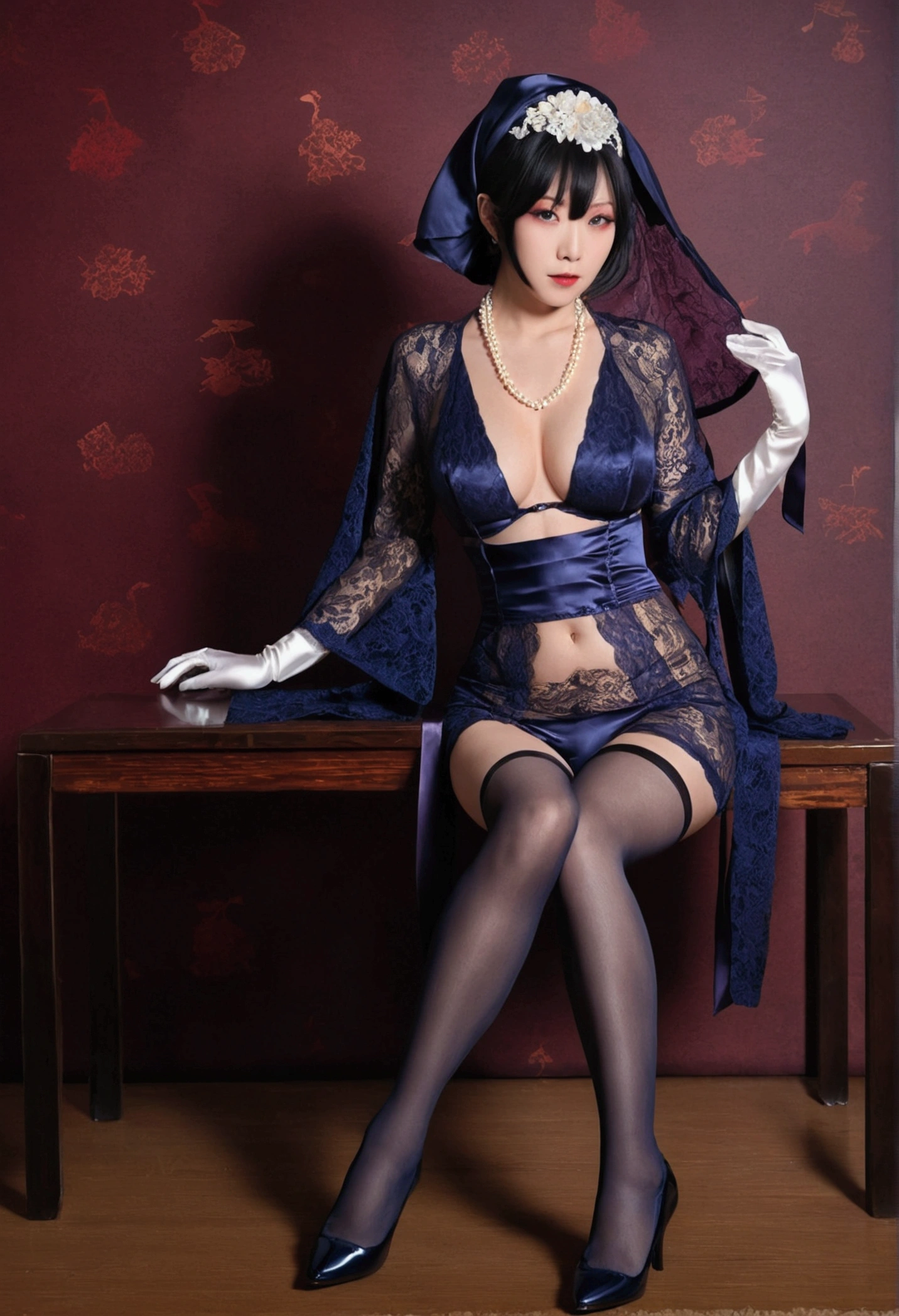 One girl, alone,Red Theme,View Viewer,Big Breasts,Portraiture,From the side,Bad boy,((Mature Woman))NSFW, See-through,black face veil , Black nylon , silk stockings ,See-throughの袴, dark purple eyes,navy blue kimono on black background ,sheer lingerie,enamel high heels,pearl necklace,,straight,lace long gloves, shortcut, hair ornaments, Japanese style room ,crossed legs,navy enamel high heels,sheer lingerie,enamel high heels,pearl necklace,red collar,straight,while taking off your shoes,silky black hair, stocking long gloves,hair ornaments