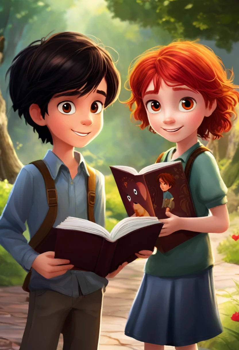 Make a picture of a seven year old boy with dark black hair and brown eyes, offering a book to a red-haired friend