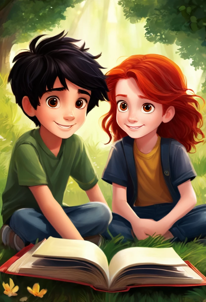 Make a picture of a seven year old boy with dark black hair and brown eyes, offering a book to a red-haired friend