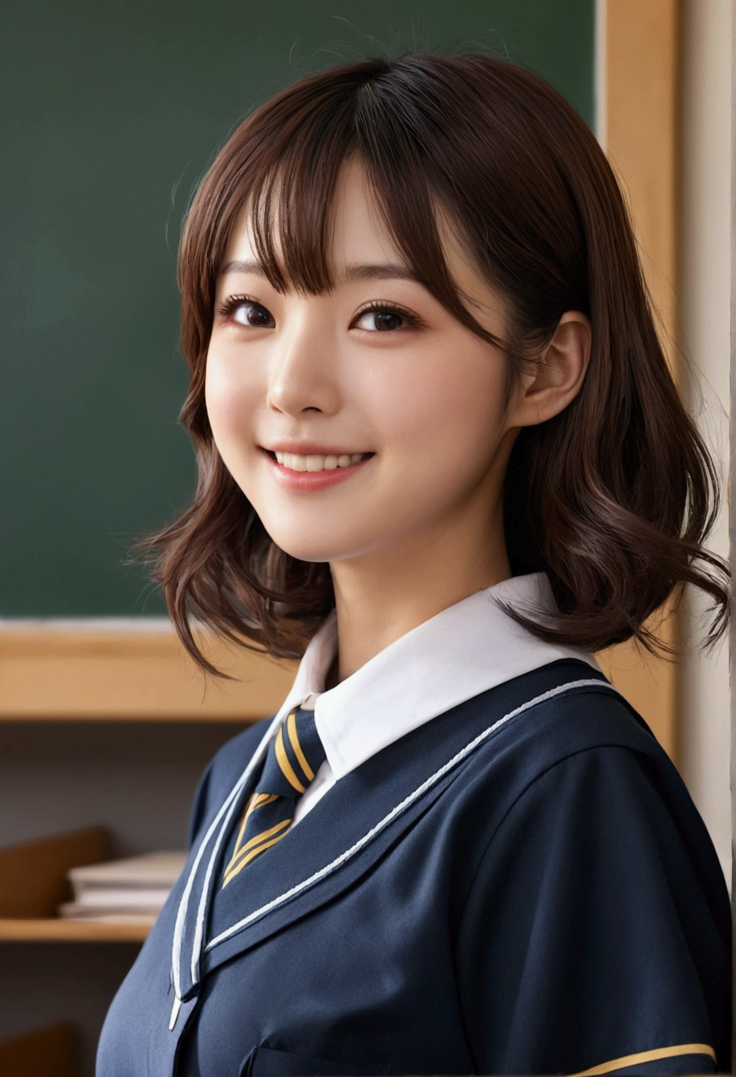 8k,Highest quality, Tabletop, Very detailed, 超High resolution, Realistic, RAW Photos, Absurd, Absolute Resolution, 1 girl, Upper Body Shot, Looking at the audience,Young and beautiful Japan woman, Very cute face, Gorgeous appearance, Big Breasts,Long Bob Hair,smile,(school uniform:1.3),Beautiful Eyes,(the wind is strong:1.3), 混雑した道をsmileで歩く,Glossy Lips, Double eyelids on both eyes, Natural Makeup, Long eyelashes, 艶やかで滑らかなライトブラウンのLong Bob Hair, Asymmetrical bangs, Glowing Skin, Center image, High resolution, Attention to detail, Detailed hairstyle, Detailed face, Great cinema lighting, Octane Rendering, Vibrant, Surreal, Perfect limbs, Perfect Anatomy