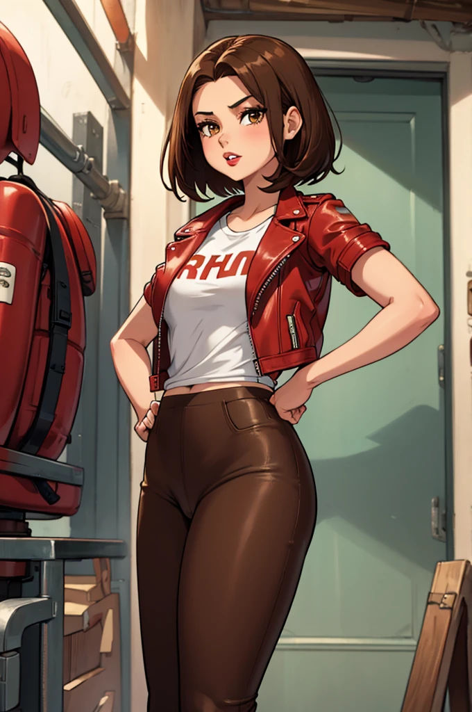 Amy from Zanzarah : The Hidden Portal, cute young girl with a brown bob, bright red lips, a brown short leather jacket with rolled up sleeves, a white T-shirt with a red stripe in the middle, green tight leggings, brown boots