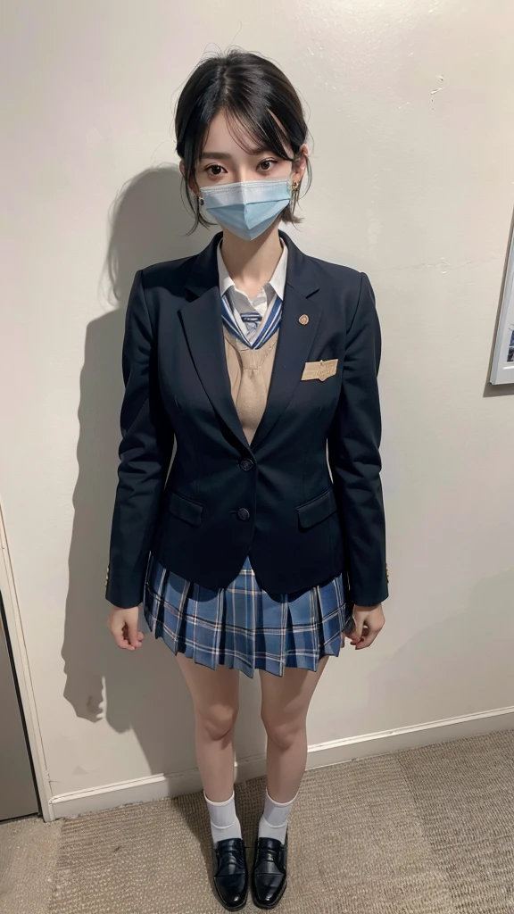 absurdres, RAW photo, extremely delicate and beautiful, masterpiece, Best Quality, ultra high resolution, 16k, hyperrealistic, ultra-detailed, perfect anatomy, super Detailed skin, perfect figure, Very detailed CG 8k wallpaper, in her 20s, very Slim body, narrow waist, very small head, very small face, delicate facial features, tearful mole, earring, thin legs, (very huge round breasts:1.1), (full body shot:1.3), 1 girls, short hair, wavy hair, wet, (school uniform:1.3), (blazer:1.1),