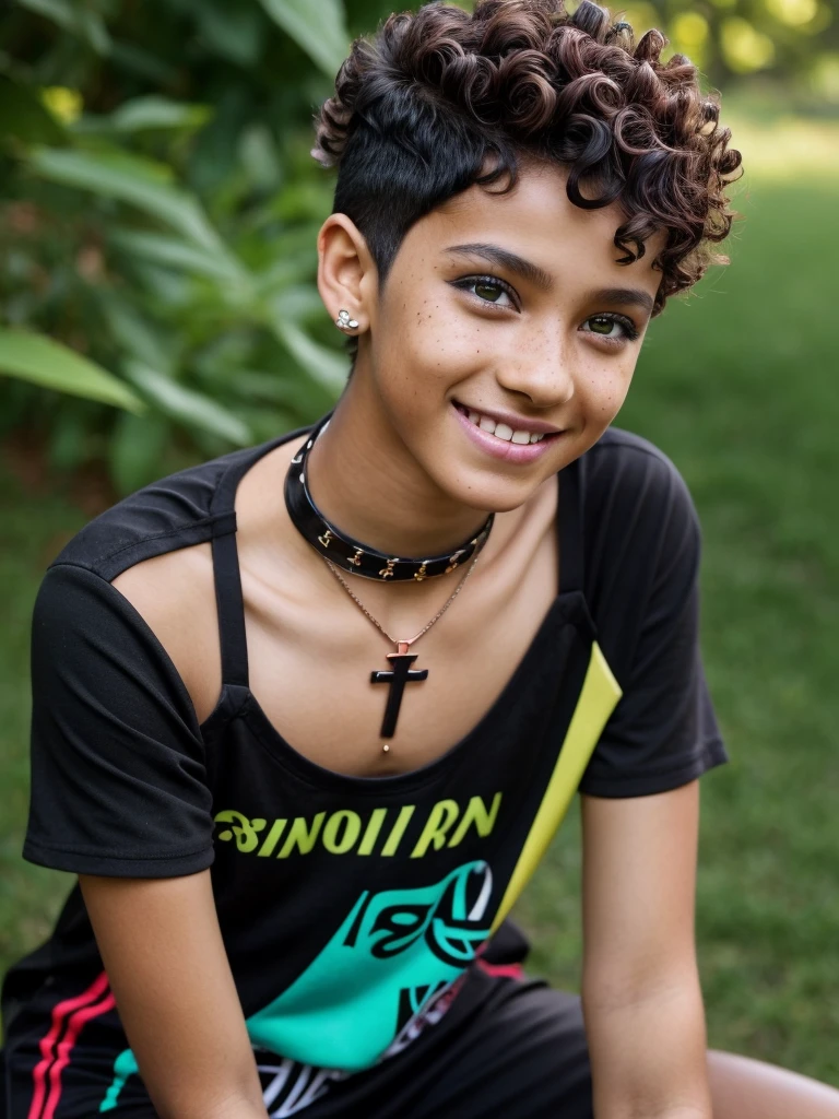 One thirteen years old androgynous girl, black , copper skin, black short curly hair, (curly hair), pixie cut, shaved hair on the sides, colored highlights, blue highlights, green highlights, red highlights, purple highlights, one young girl (cute), freckles, dark green eyes, cute pose, excited pose, dynamic pose, fun pose, smiling, in love, sitted cris-cross on a counch arm, sitting wrong, emo outfit, emo makeup, black outfit, chocker necklace, emo boy,