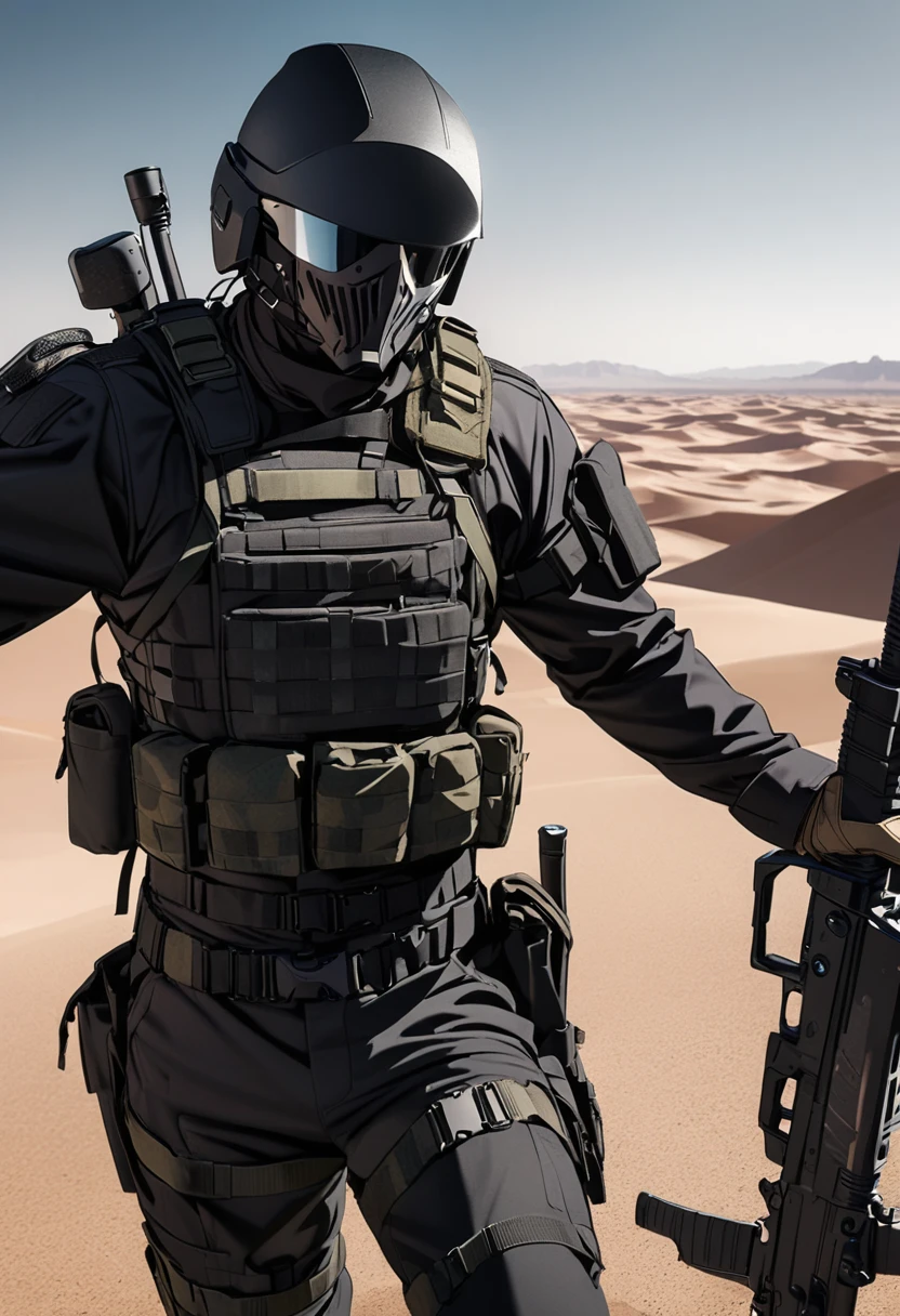 Modern male soldier, solo, black armor, black helmet and mask, black long boots, desert, black clothes, thin waist, black accessories, black everything