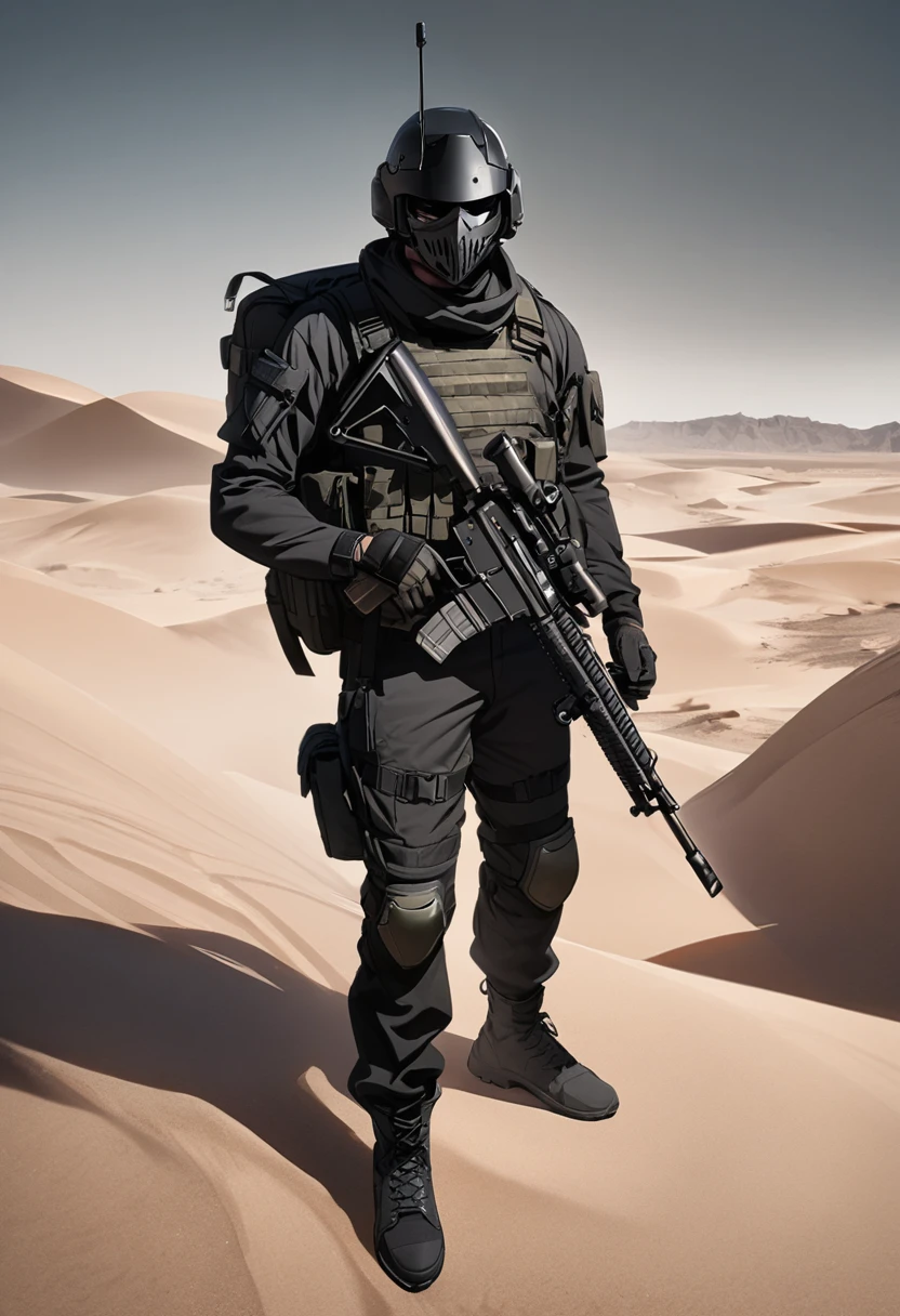 Modern male soldier, solo, black armor, black helmet and mask, black long boots, desert, black clothes, thin waist, black accessories, black everything