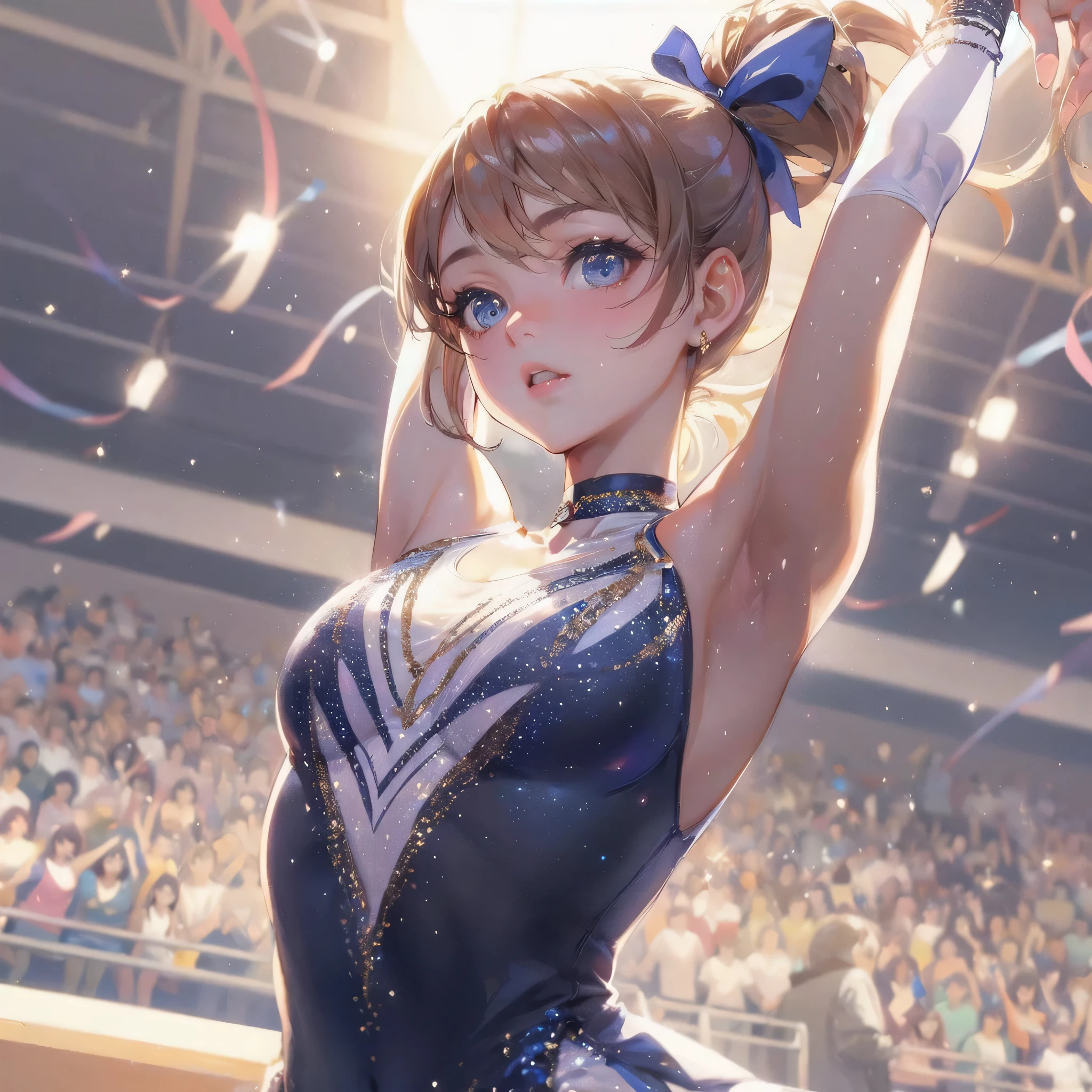 masterpiece, (textured skin), best quality, gorgeous beautiful girl, (a female rhythmic gymnastics athlete), detailed clothes,large breasts,narrow waist,, (beautiful face), cinematic lighting, (at rhythmic gymnastics venue ),