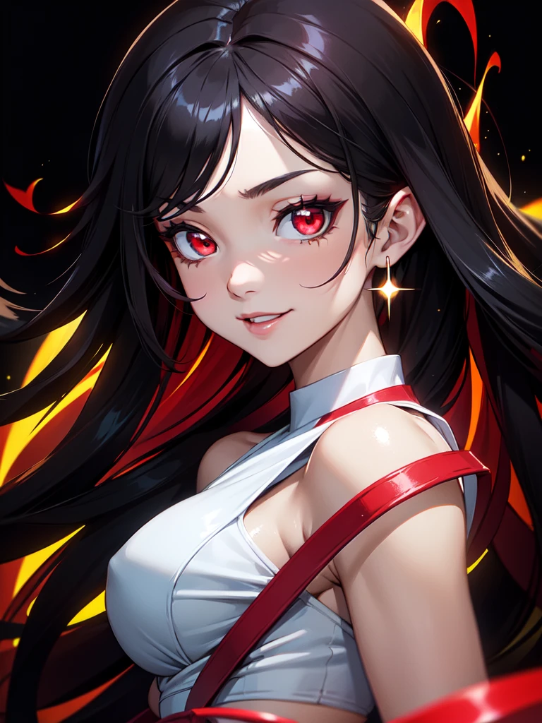 (((Portrait Photo))), She has a Childish, Youthful 18-Year-Old Appearance, with a Slim, Athletic Build, and a Vibrant Demeanor. She has Long, Flowing Black Hair, Styled Naturally with a Slight Wave. Her Striking Red Eyes Sparkle with Energy, Giving Off a Lively and Cheerful Expression. She Wears a Classic White Shirtdress Worn Over a Colorful Bikini. (((High Quality, Dark Background))), (((Portrait Photo)))