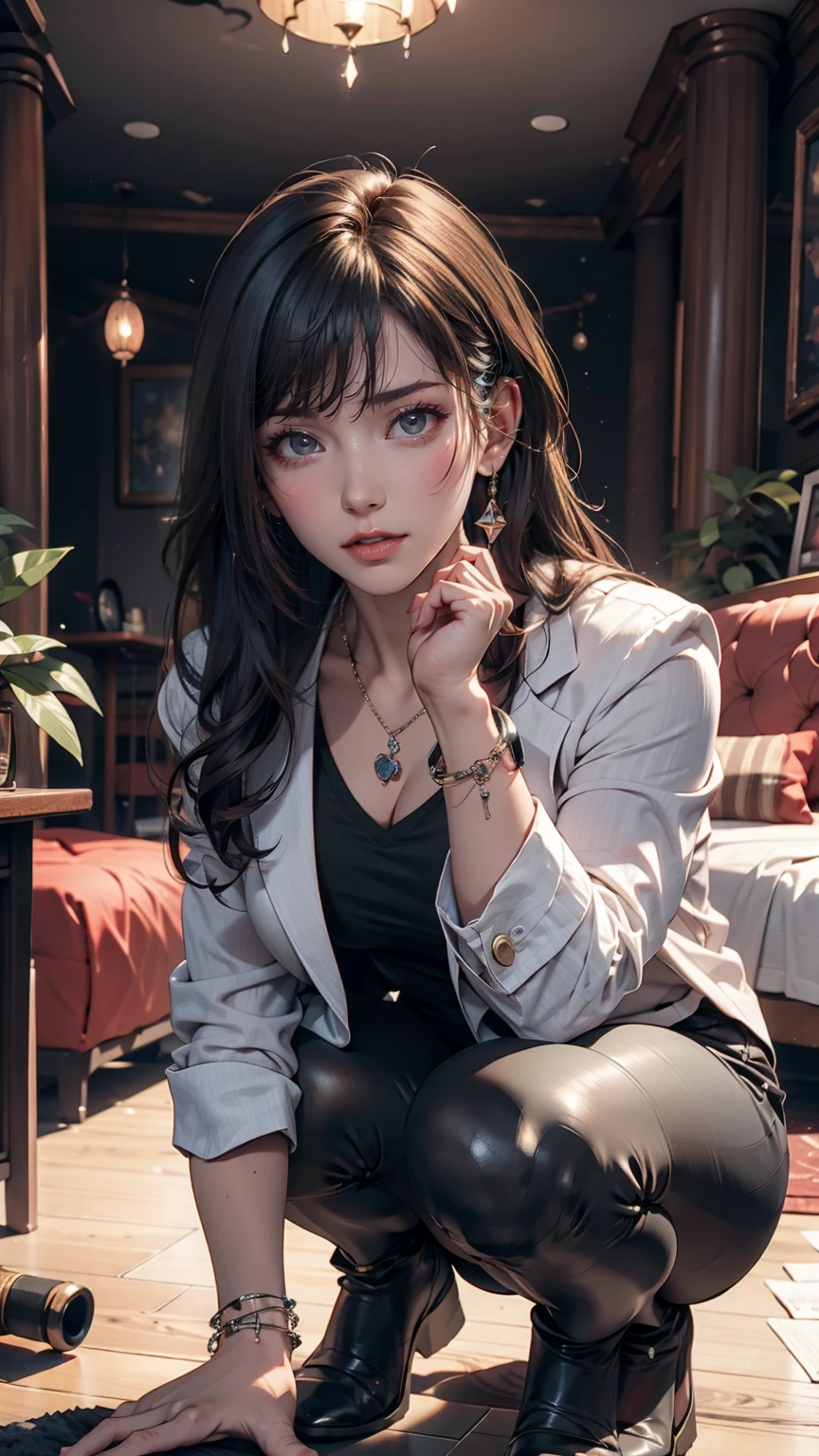 delicate,masterpiece, Beautiful details, In detail, Intricate details, (Realistic:1.2), (Almost no light:1.2),(film noise:1.4), 1 person, Donley, (whole body), (View your viewers:1.2), (Squat on the floor:1.4), (Point to your audience:1.3) Canon EOS 5D MARK III, 50mm Sigma f/1.4 ZEISS Lenses, 1 1 1.4, 1/800s, ISO100,(Detailed face),(Black Hair),(suit),、24 year old Caucasian female、Sexy proportions、Punk rock fashion、Black Shirt、Leather jacket、Leather leggings、Flashy makeup、long hair、rosary necklace、rosary earrings、Put a spiked bracelet on your wrist