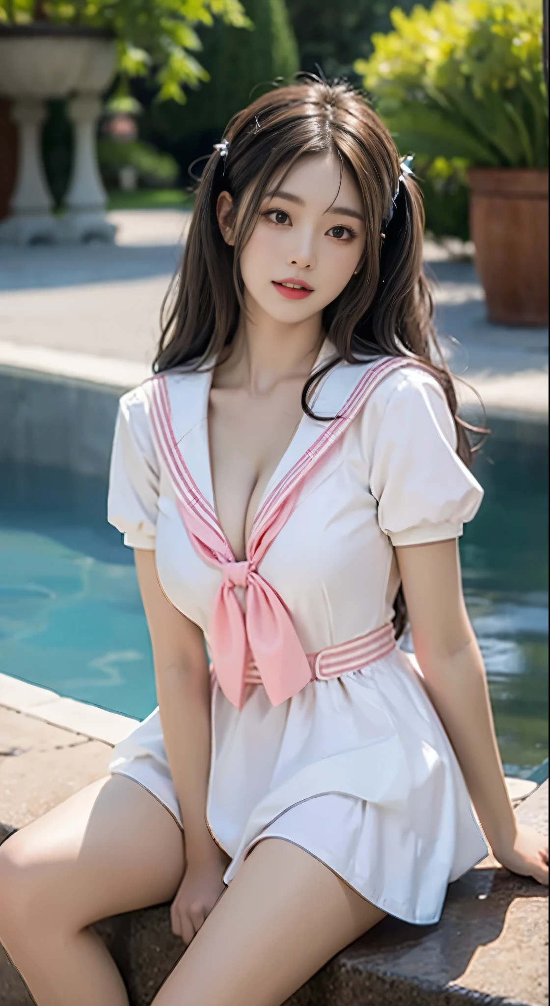 bow,pink dress,short sleeves,sailor collar, ((full body)), ((Visible cleavage)), ((E-cup)), ((I-type Valley)), ((Warm tone)), masterpiece, best quality, beautiful woman sitting, elegant pose, diagonal composition, long legs, body leaning back, golden long hair, soft colors, fair skin, gentle smile, sunny room, soft sunlight, delicate shadows, harmonious, intricate details, photorealistic, highly detailed, cinematic lighting