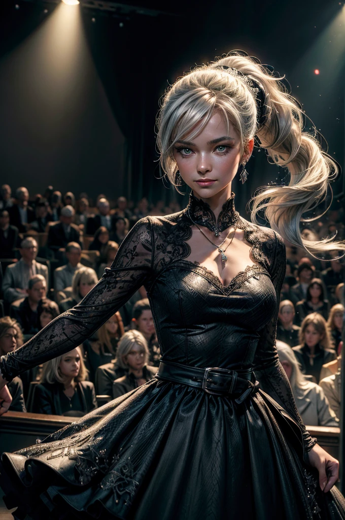 (masterpiece, best quality:1.2), cowboy shot, weissvale, smile, closed mouth, looking at viewer, long white hair, side ponytail, scar above eye, scar below eye, black gala dress, jewelry, necklace, earrings, future_urban, standing in theater, on stage, orchestra, audience, crowd, (volumetric lighting), intricate details, tonemapping, sharp focus, hyper detailed