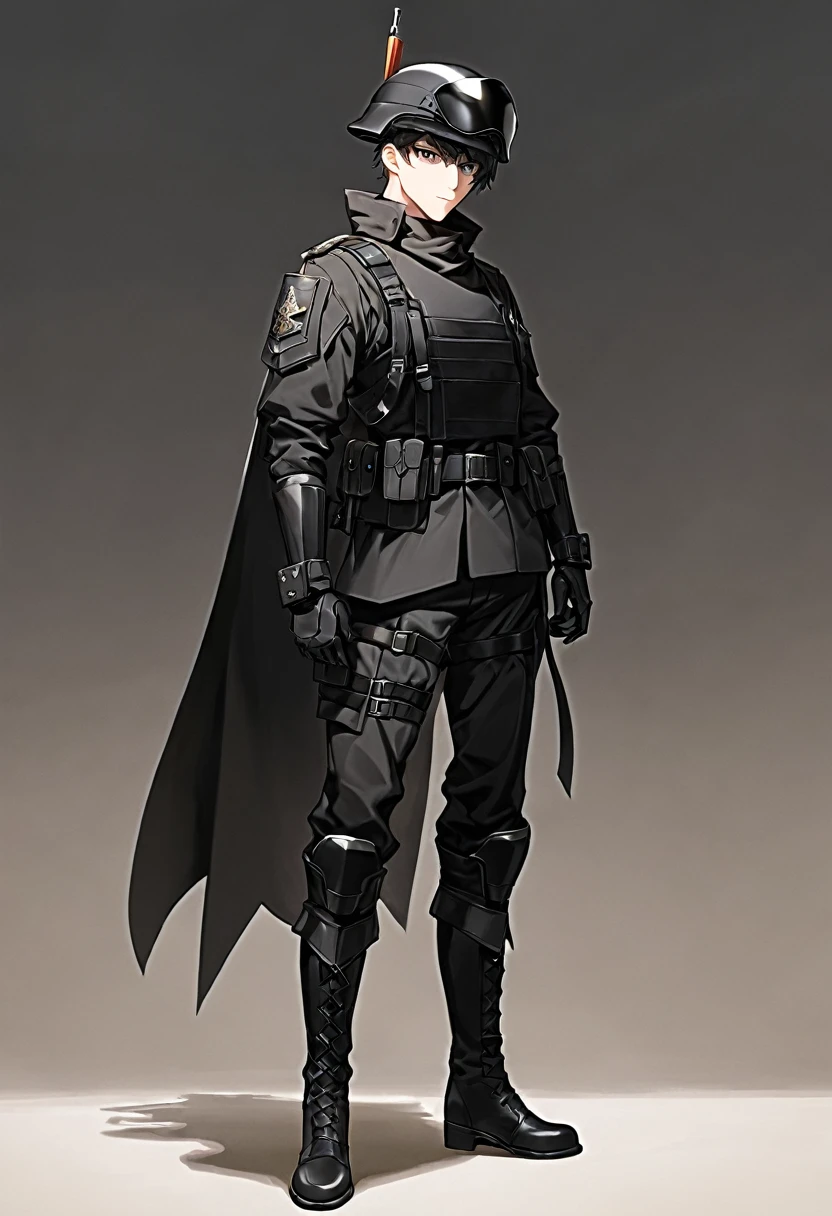 Modern male soldier, solo, black armor, black helmet and mask, black long boots, desert, black clothes, thin waist, black accessories, black everything