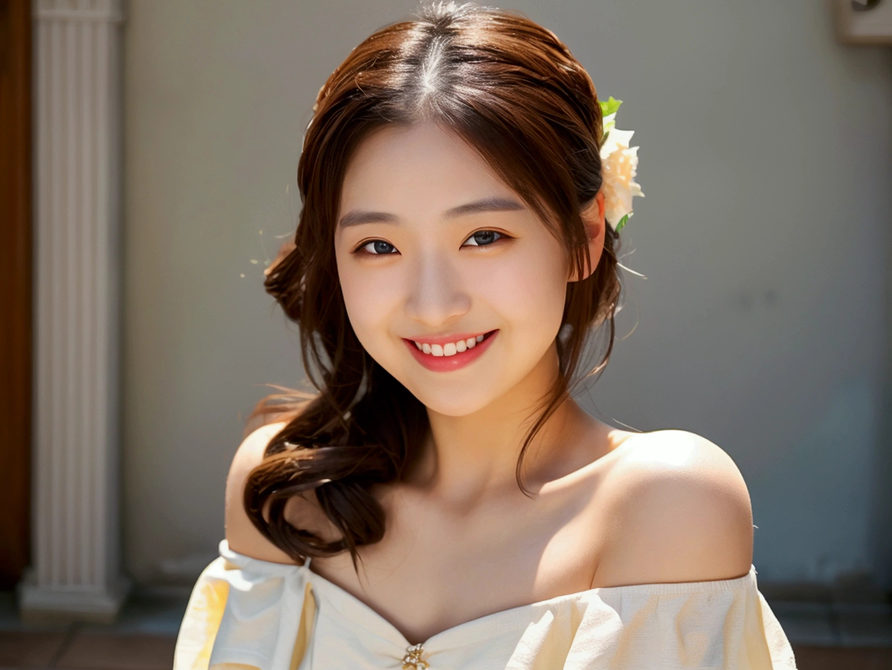 best quality, masterpiece, ultra high res, photorealistic, 1girl, offshoulder, smile