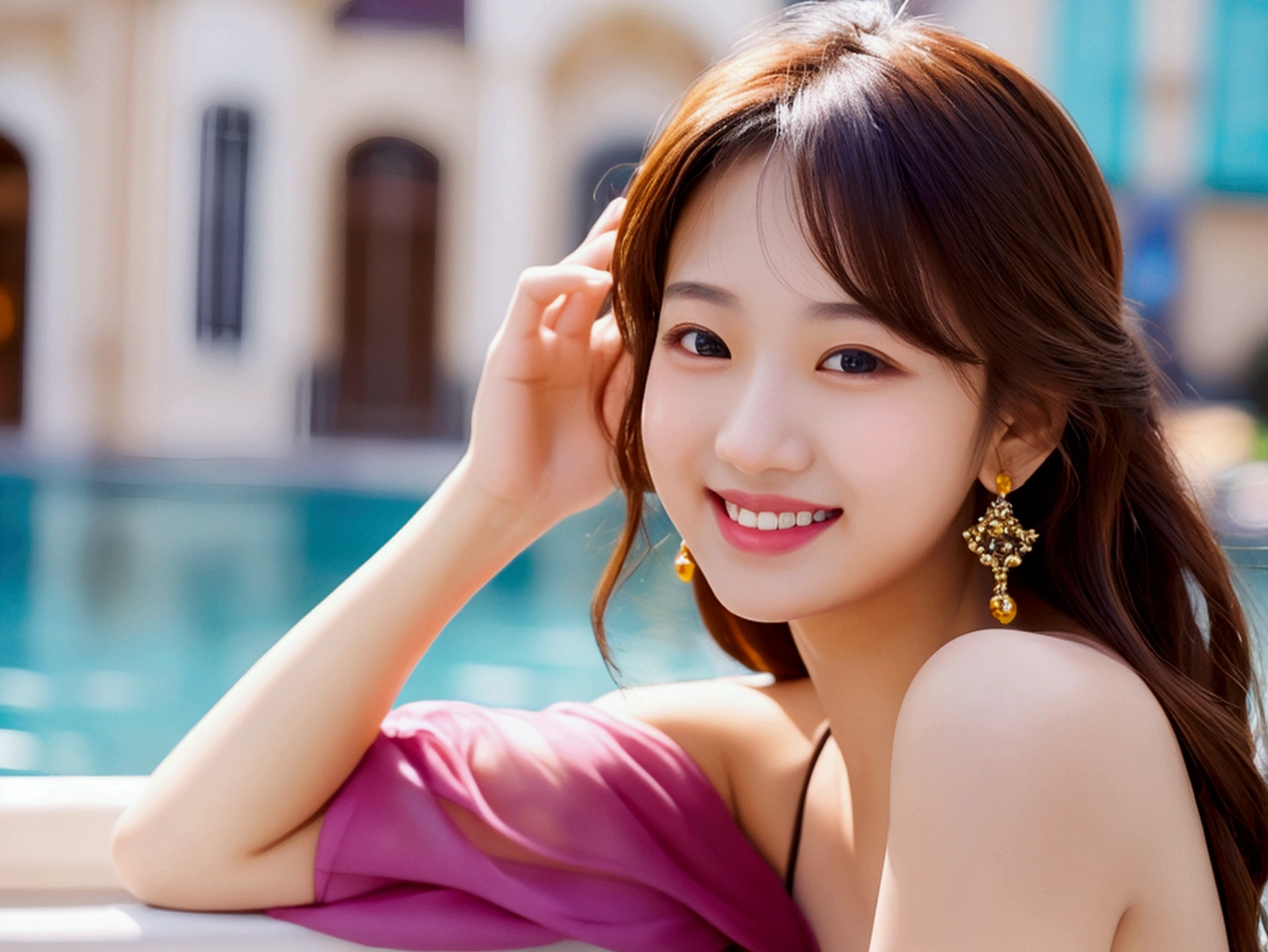 best quality, masterpiece, ultra high res, photorealistic, 1girl, offshoulder, smile