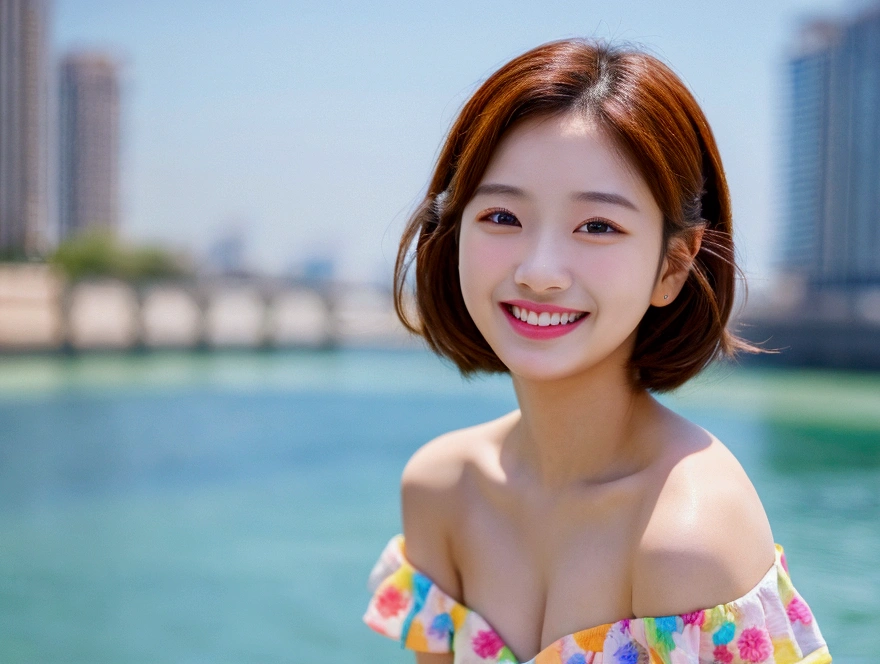 best quality, masterpiece, ultra high res, photorealistic, 1girl, offshoulder, smile