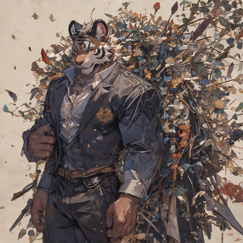 {{bara extremely handsome white tiger,}} {{white fur,}} white, wearing elegant ornate suit jacket, trousers, white dress shirt and necktie, white fluffy furry body and limbs, loafers, very tall, very broad shoulders, narrow waist, muscular arms, massive pecs, purple eyes, very long legs, massive bulge, sophisticated hot look, 3/4 view, best quality, high detail, CG image, character splash art, silver earring on left ear, sultry smirk