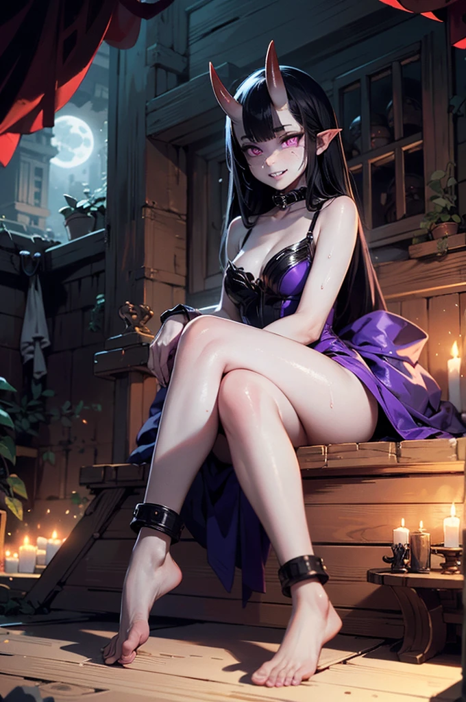 1girl, (grey skin, purple skin:1.4), dark skin, (oni, oni horns), sitting, relaxed, demon girl, (long black hair, cute hairstyle, messy hair), lots of hair, (large eyes, glowing eyes, purple eyes), (slit pupils), lithe, thin, sinuous, (toned body, strong, fit), sweaty, sweat, wild, lewd, sadistic expression, evil grin, cruel, small hands, small feet, iron collar, iron shackles, aroused, feral, full body, dynamic, (inhuman, femdom), bangles, exotic, fantasy species, sorceress dress, sexy one-piece, silk, (fangs), (medieval fantasy, cozy home, comfortable room, indoors, late night, night:1.4, warm atmosphere, luxurious hearth, deep shadows, rich wood, adventurer's home), (best quality:1.2, sharp clarity, great skin detail, photorealistic, detailed features, magical realism), analog style, raw photograph, feet, toes, barefoot, from below, FanInt, 0n1, herzhax, short eyebrows, pickle eyebrows, cut3h0rnstyl3, fantasy, tree, Medieval fantasy world, Moonlight at night, Night scene