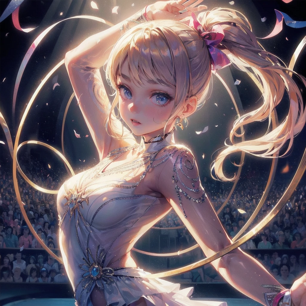 masterpiece, (textured skin), best quality, gorgeous beautiful girl, (a female rhythmic gymnastics athlete), detailed clothes,large breasts,narrow waist,, (beautiful face), cinematic lighting, (at rhythmic gymnastics venue ),