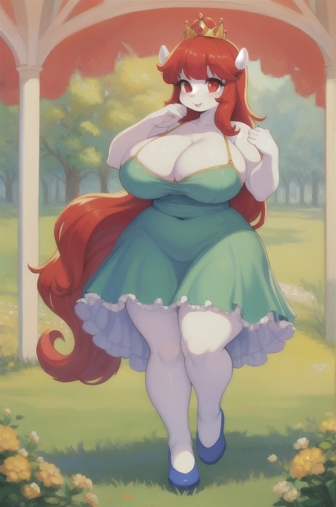 uploaded on e621, questionable content, an extremely talented impressionist painting of a white pony furry fluffy anthro maiden, cleavage, busty, curvy, big breasts, soft, squishy, pudgy, belly, (colorfull dress), sexy legs, red eyes, red hair, princess pose