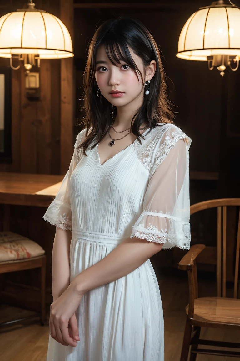 (Highest quality:1.4),(masterpiece:1.4),(Realistic:1.4),(Realistic:1.2),(超High resolution, RAW Photos:1.4),(High resolution, Ultra-detailed:1.2),(8k:1.2),View your viewers,Cinematic photography,One girl,skeletally correct,Black-haired woman,(Small earrings,necklace,Neat dress,Straw hat),(Western-style building interior,Dimly lit room,The lamplight shines on my cheeks)