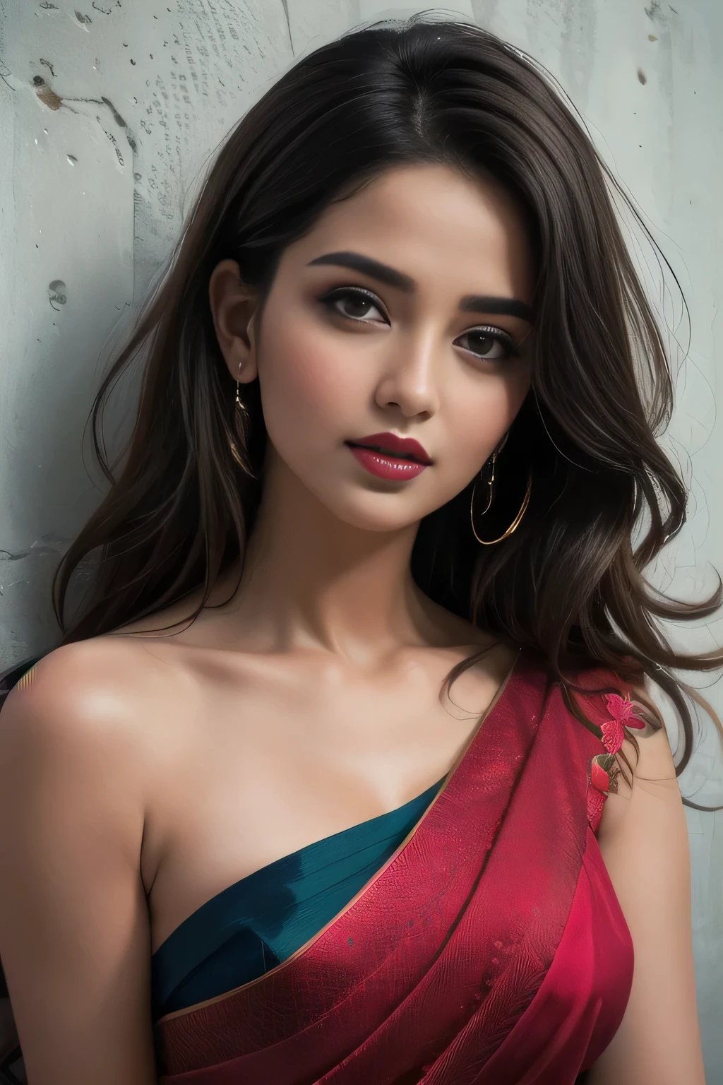 (best quality,4k,8k,highres,masterpiece:1.2),ultra-detailed,(realistic,photorealistic,photo-realistic:1.37),sexy woman,dark hair cascading down her shoulders,well-defined eyebrows,intense smoky eye makeup,rosy cheeks accentuated with blush,deep red lipstick,alluring blue saree draped gracefully,luscious curves highlighted by a low-waist saree,dramatically pinned against the wall,her seductive gaze piercing through the viewer,blushing intensely,preparing for a passionate kiss.