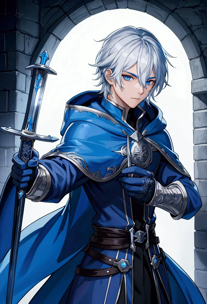 Wizard a young man, he has a silver hair and blue eyes, he wear a hood and wear gloves , hold sword with hand.
