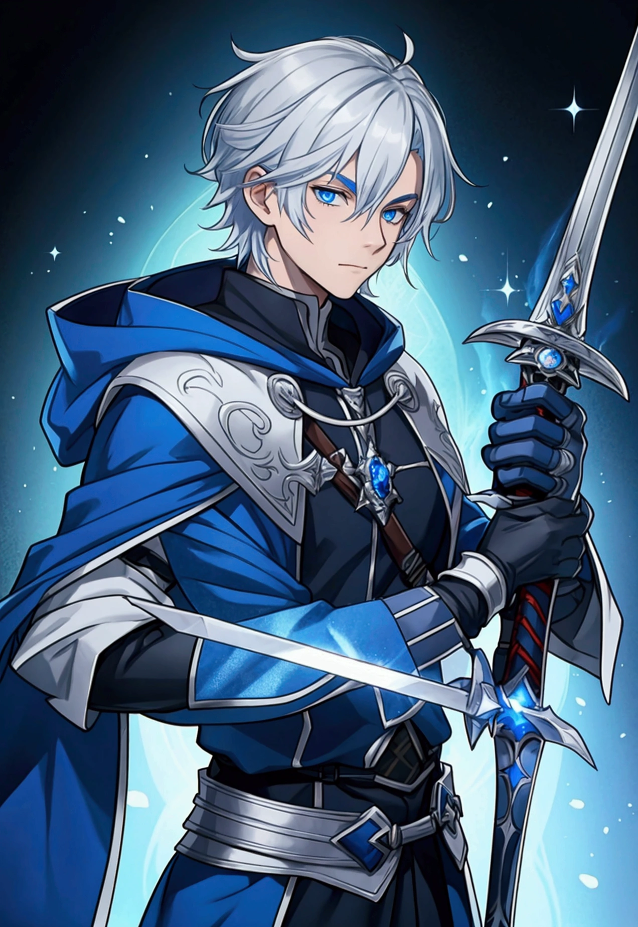 Wizard a young man, he has a silver hair and blue eyes, he wear a hood and wear gloves , hold sword with hand.