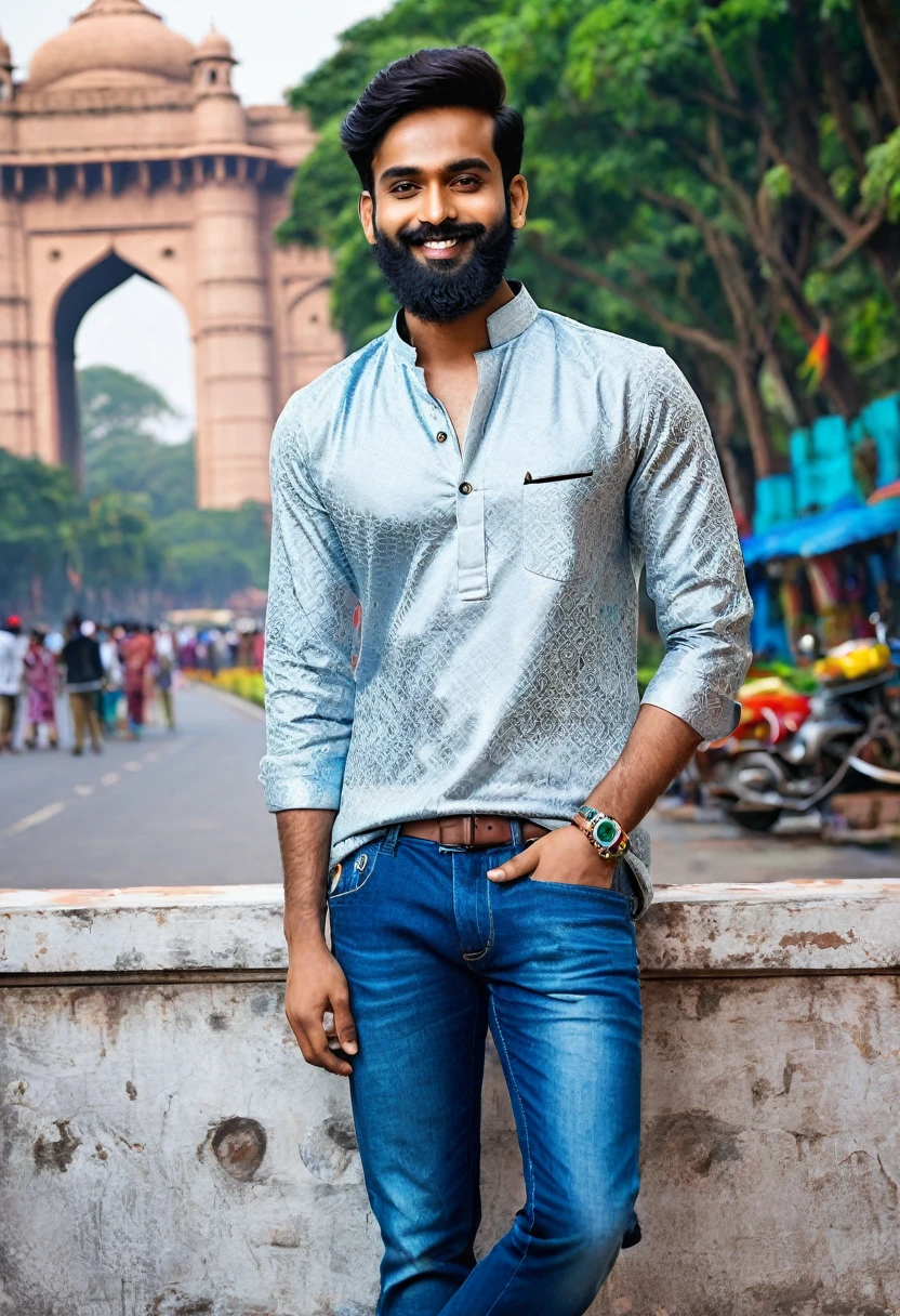 Design an AI influencer named Aarav, a 28-year-old tech-savvy entrepreneur from Mumbai. Aarav has a dusky complexion, expressive eyes, and a well-groomed beard. His attire blends traditional and modern styles: a crisp kurta paired with jeans and leather sandals. Describe the intricate patterns on his kurta, the silver bracelet on his wrist, and the confident smile that reflects his success. Ensure the background includes elements like bustling streets, colorful rickshaws, or the Gateway of India. Aarav’s posts should resonate with Indian millennials, celebrating innovation, family values, and chai breaks.