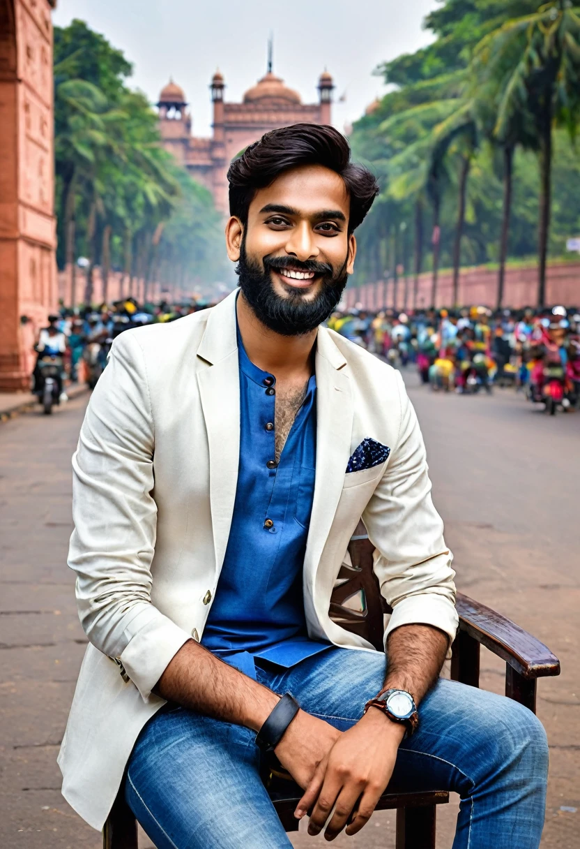 Design an AI influencer named Aarav, a 28-year-old tech-savvy entrepreneur from Mumbai. Aarav has a dusky complexion, expressive eyes, and a well-groomed beard. His attire blends traditional and modern styles: a crisp kurta paired with jeans and leather sandals. Describe the intricate patterns on his kurta, the silver bracelet on his wrist, and the confident smile that reflects his success. Ensure the background includes elements like bustling streets, colorful rickshaws, or the Gateway of India. Aarav’s posts should resonate with Indian millennials, celebrating innovation, family values, and chai breaks.