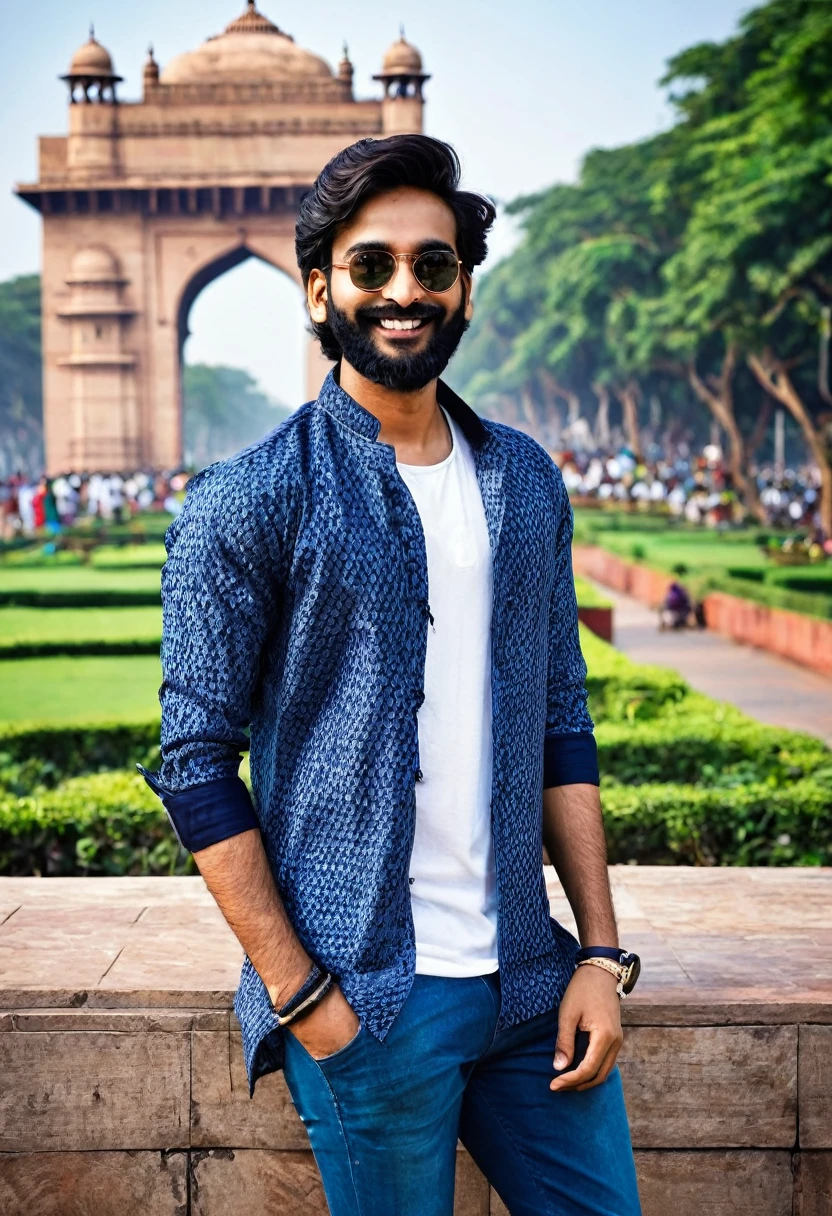 Design an AI influencer named Aarav, a 28-year-old tech-savvy entrepreneur from Mumbai. Aarav has a dusky complexion, expressive eyes, and a well-groomed beard. His attire blends traditional and modern styles: a crisp kurta paired with jeans and leather sandals. Describe the intricate patterns on his kurta, the silver bracelet on his wrist, and the confident smile that reflects his success. Ensure the background includes elements like bustling streets, colorful rickshaws, or the Gateway of India. Aarav’s posts should resonate with Indian millennials, celebrating innovation, family values, and chai breaks.