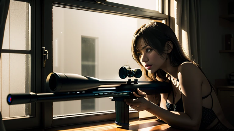 A realistic sniper in a dark apartment room with the curtains closed.、(Aiming a Barrett M82 sniper rifle at a target through a slightly open window:1.9)、Very detailed、Cinematic lighting、Dramatic atmosphere、Photorealistic、Master Writing、Moody、Rough、Tactical、High contrast、Depth of written boundary、1 person、special forceilitary、correct、Deadly、strong、Realistic Weapons、Extreme Details、Dark Shadows、Dramatic Shadows、An impactful composition、Suspense、Tension、gloomy、Realistic Textures、Realistic Materials、Cinematic Framing、Chiaroscuro Lighting