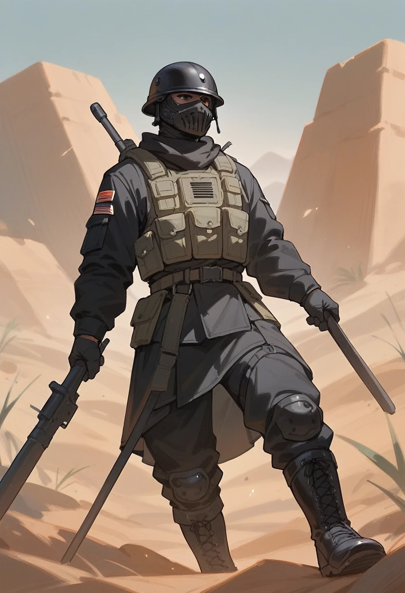 Modern male soldier, solo, black armor, black helmet and mask, black long boots, desert, black clothes, thin waist, black accessories, black everything