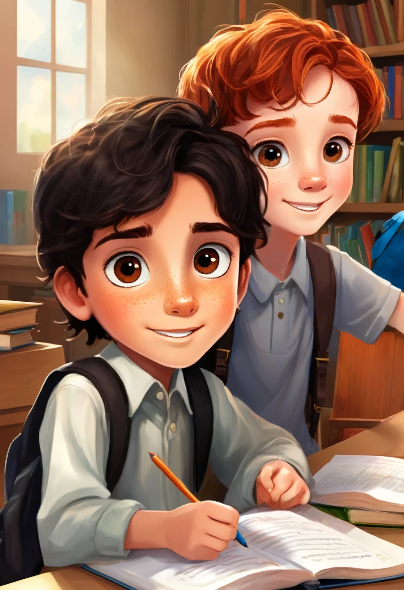 Make a picture of a boy with dark black hair and brown eyes, studying at school with a freckled redhead friend