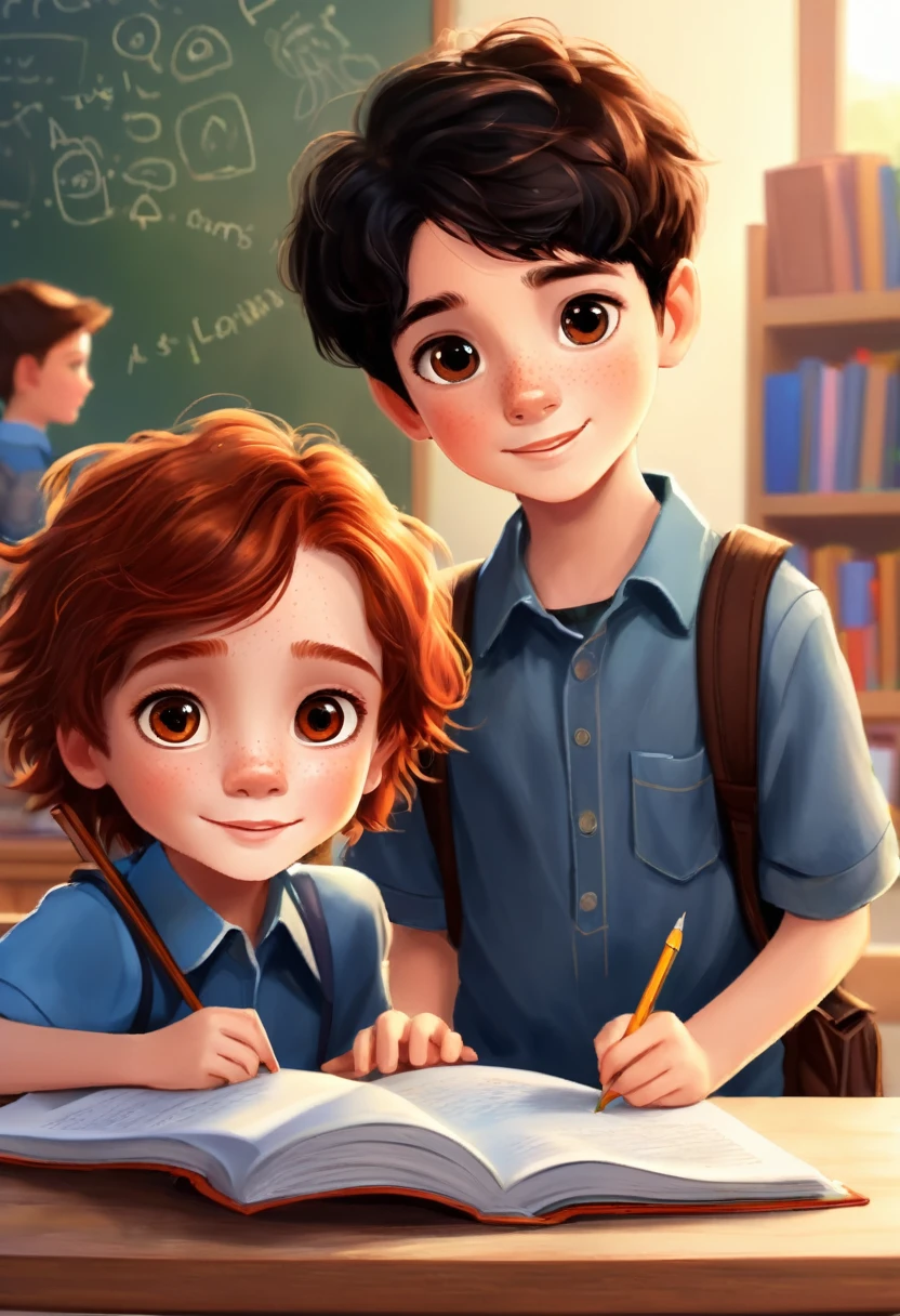 Make a picture of a  boy with dark black hair and brown eyes, studying at school with a freckled redhead friend