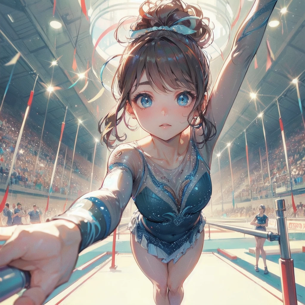 masterpiece, (textured skin), best quality, gorgeous beautiful girl, (a female rhythmic gymnastics athlete), detailed clothes,large breasts,narrow waist,, (beautiful face), cinematic lighting, (at rhythmic gymnastics venue ),
