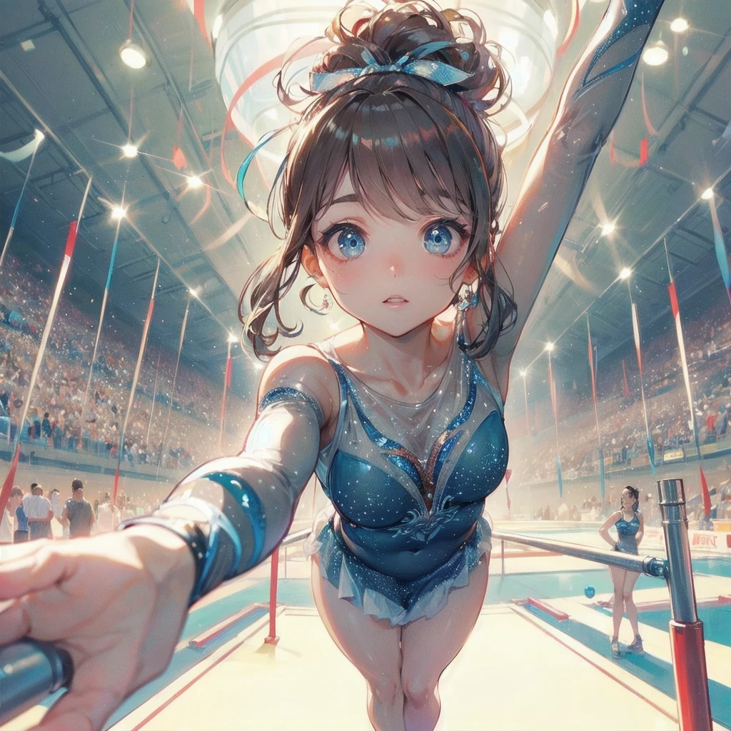 masterpiece, (textured skin), best quality, gorgeous beautiful girl, (a female rhythmic gymnastics athlete), detailed clothes,large breasts,narrow waist,, (beautiful face), cinematic lighting, (at rhythmic gymnastics venue ),