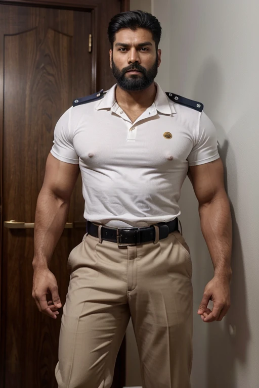 Handsome tan indian young boys fun together with small beared in police officer masculine strong bodybuilder boy with huge wide muscular shoulders, wide chest, abs, masculine wide triceps, arms, biceps, big masculine legs, wide thighs, calfs, black-haired, hair falls on your face, Mesmerizing brown eyes, wetty police officer ( khaki shirt, khaki trouser), his Perfect big monster penis is coming out from pant, masterpiece, big balls 