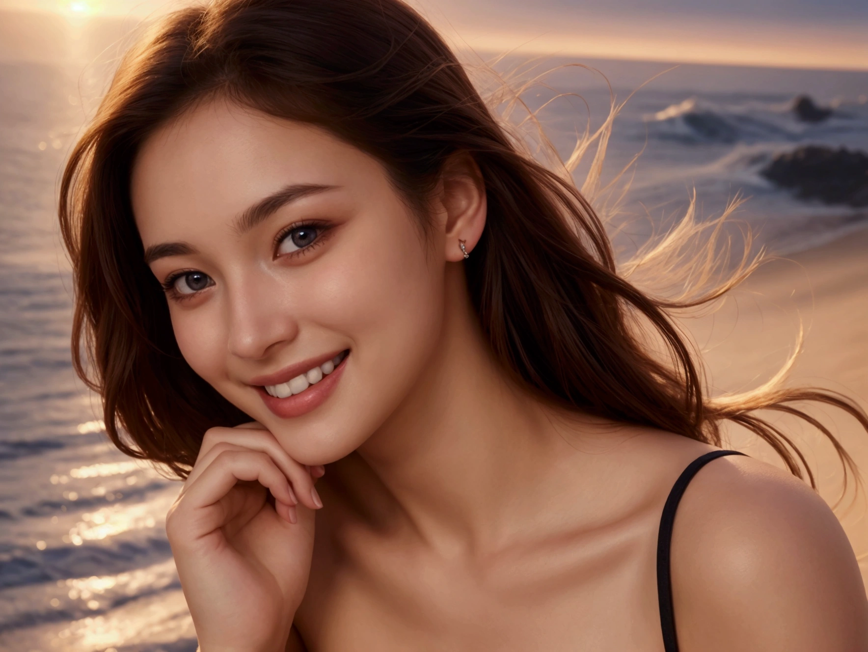 best quality, masterpiece, ultra high res, photorealistic, 1girl, offshoulder, smile