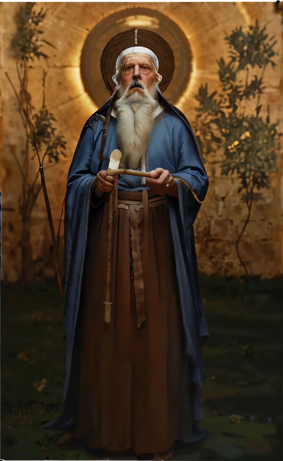 an old man with white beard , wears old roman clothes , hold a stick in his right hand , stand in grove, ring of light around his head , orthodox saint, beautiful face , dark mode background , realistic