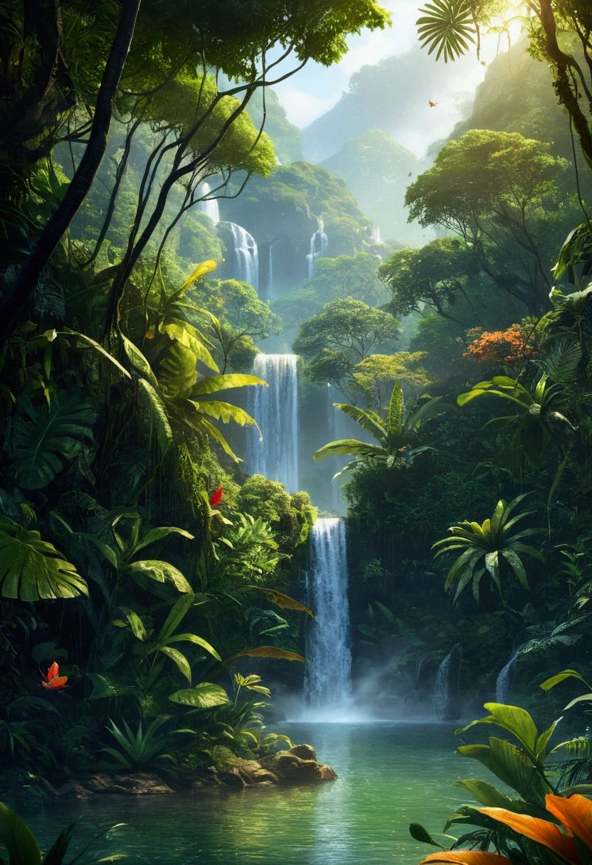 (best quality,highres,masterpiece:1.2),ultra-detailed,realistic,photorealistic:1.37,colorful,beautiful jungle, expansive, lush greenery, towering trees, calm atmosphere, majestic waterfalls, exotic wildlife, misty atmosphere, serene ponds, abundant flora and fauna, natural diversity, romantic sunset, soft sunlight filtering through leaves, tranquil ambiance. rain shower, 4k, uhd