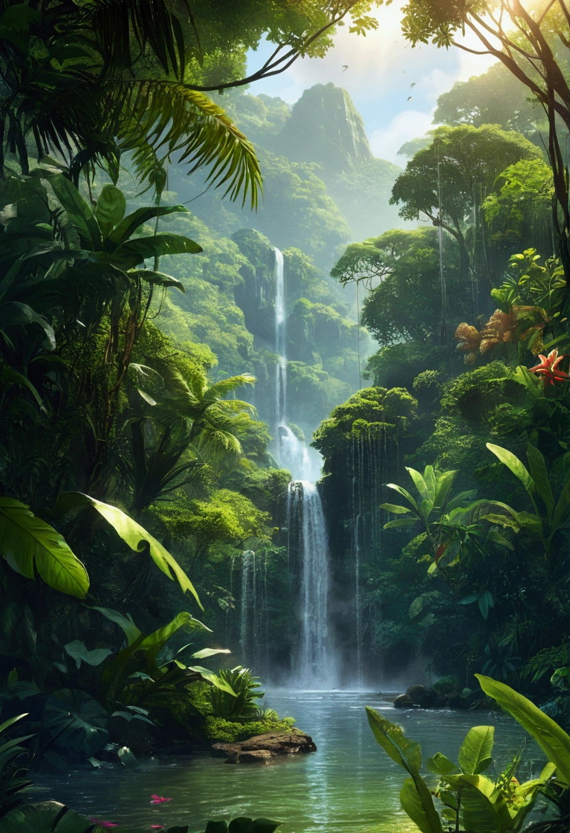 (best quality,highres,masterpiece:1.2),ultra-detailed,realistic,photorealistic:1.37,colorful,beautiful jungle, expansive, lush greenery, towering trees, calm atmosphere, majestic waterfalls, exotic wildlife, misty atmosphere, serene ponds, abundant flora and fauna, natural diversity, romantic sunset, soft sunlight filtering through leaves, tranquil ambiance. rain shower, 4k, uhd 