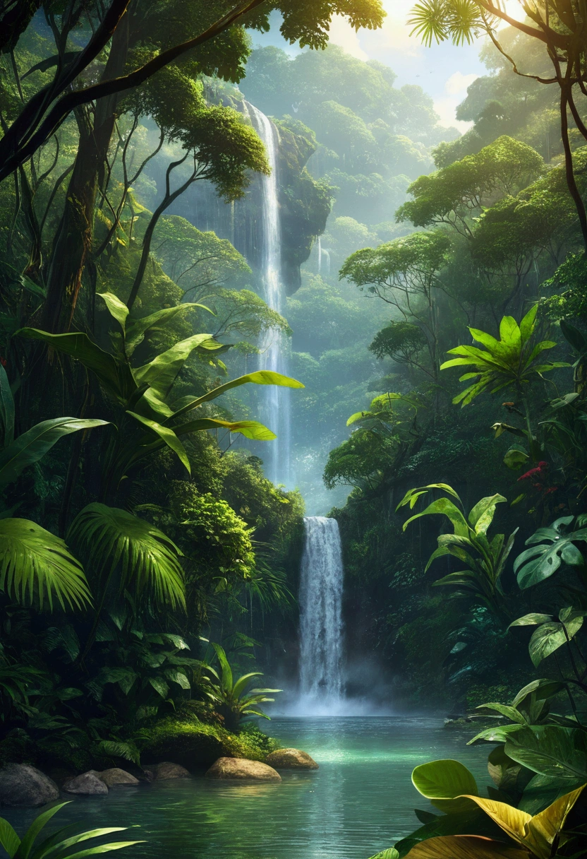 (best quality,highres,masterpiece:1.2),ultra-detailed,realistic,photorealistic:1.37,colorful,beautiful jungle, expansive, lush greenery, towering trees, calm atmosphere, majestic waterfalls, exotic wildlife, misty atmosphere, serene ponds, abundant flora and fauna, natural diversity, romantic sunset, soft sunlight filtering through leaves, tranquil ambiance. rain shower, 4k, uhd