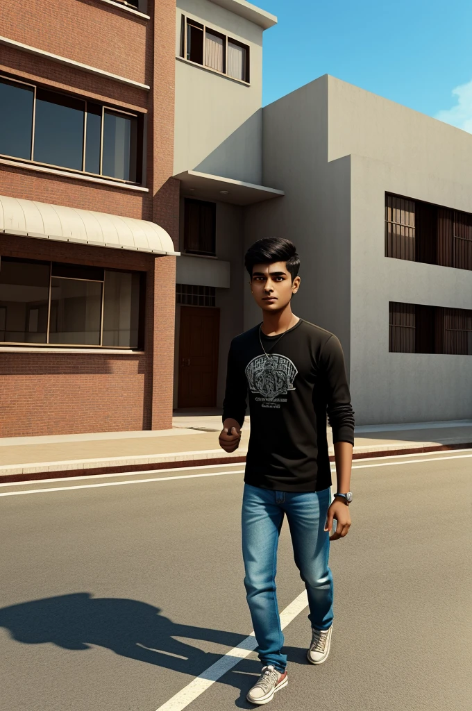 A Indian 20 year old boys passing his friends beside the building 3d cartoon character 