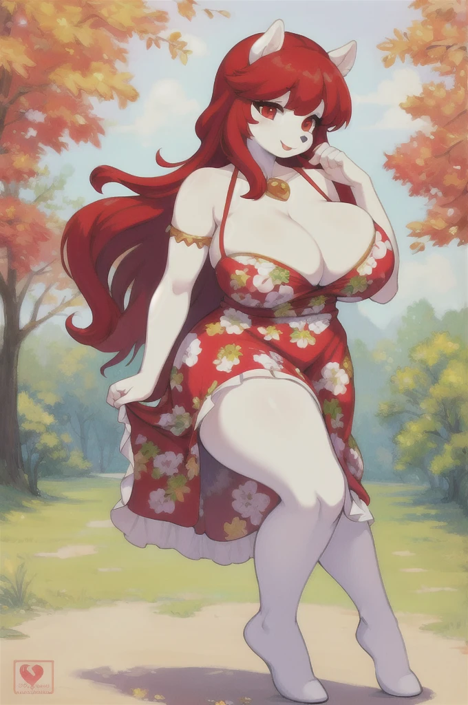 uploaded on e621, questionable content, an extremely talented impressionist painting of a white pony furry fluffy anthro maiden, cleavage, busty, curvy, big breasts, soft, squishy, pudgy, belly, ((printed dress)), sexy legs, red eyes, red hair, princess pose, showing ass