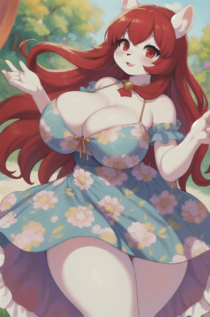 uploaded on e621, questionable content, an extremely talented impressionist painting of a white pony furry fluffy anthro maiden, cleavage, busty, curvy, big breasts, soft, squishy, pudgy, belly, ((printed dress)), sexy legs, red eyes, red hair, princess pose, showing ass