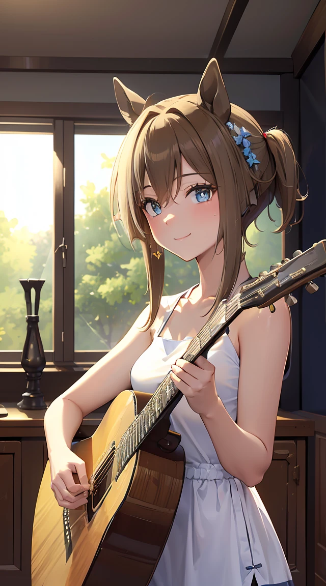 masterpiece, Highest quality, High resolution, Very detailed,(((Schwarzgran))), (((I have a guitar。)))、(((indoor)))、(((smile)))、(((window)))、sunny, Horse ears