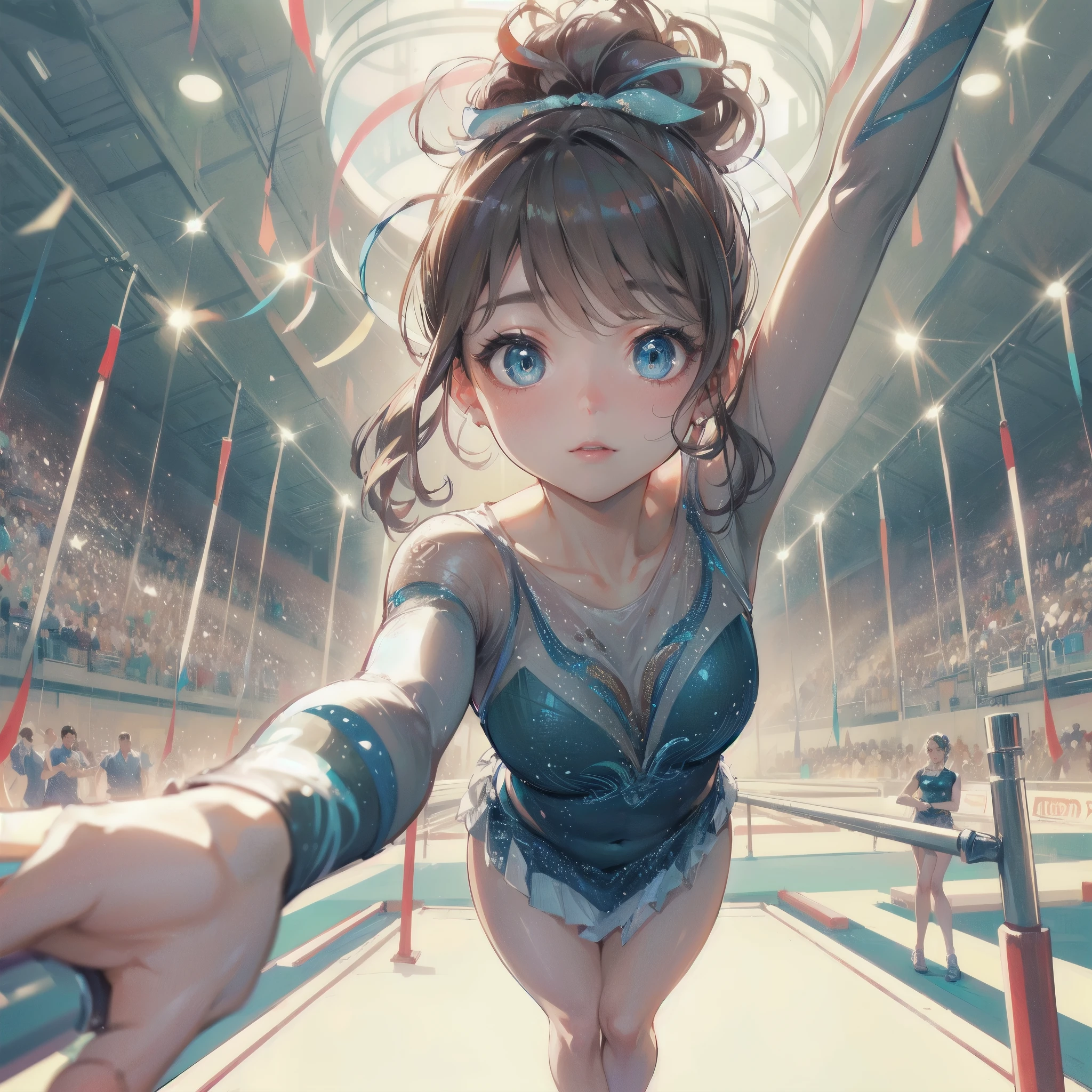  masterpiece, (textured skin), best quality, gorgeous beautiful girl, (a female rhythmic gymnastics athlete), detailed clothes,large breasts,narrow waist,, (beautiful face), cinematic lighting, (at rhythmic gymnastics venue ),