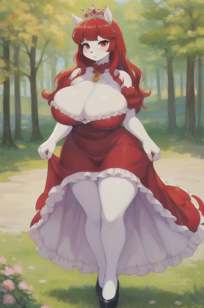 uploaded on e621, questionable content, an extremely talented impressionist painting of a white pony furry fluffy anthro maiden, cleavage, busty, curvy, big breasts, soft, squishy, pudgy, belly, ((colorfull dress)), sexy legs, red eyes, red hair, princess pose, showing butt