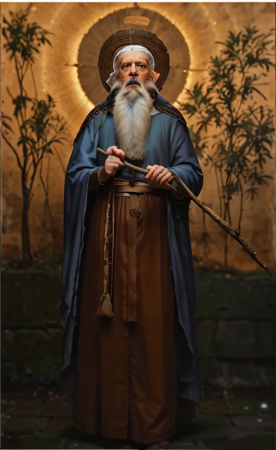 an old man with white beard , wears old roman clothes , hold a stick in his right hand , stand in grove, ring of light around his head , orthodox saint, beautiful face , dark mode background , realistic