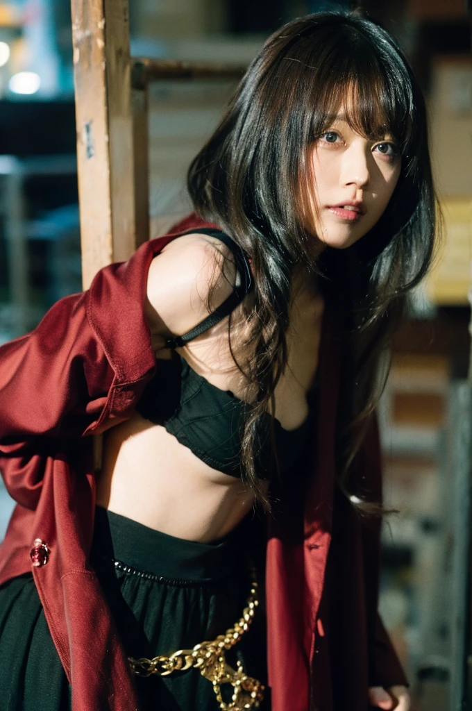 ((masterpiece, best quality, high quality, ultra detailed), 8k wallpaper)), (Huge and stunning goddess shot, Very hot and sexy, Amazing beauty, Beautiful Face、Delicate and perfect depiction of the face、Perfect balance, Beautiful body, Slim body beauty: 1.4),there is a woman in a red bikini and black leather ハーネス, Cyberpunk style outfit, Wearing a shiny breastplate, Cyberpunk Costume, Wearing technical clothing and armour, Red bra, ハーネスes and garters, Wearing a sexy crop top, Interesting outfits, Post-apocalyptic atmosphere, Very sexy devil costume, Cyberpunk Angry Gorgeous Goddess,